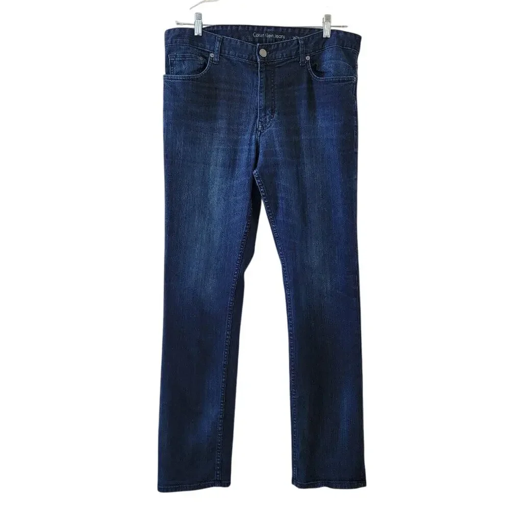 Calvin Klein Jeans Slim Straight Dark Wash Blue Mens Size 36 Cotton Stretch